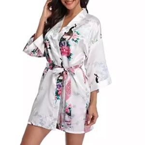White Crane Satin Kimono Robe Bridal Wedding Getting Ready
